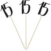Black Glitter 15th Birthday Centerpiece Sticks, 12-Pack Number 15 Table Topper Anniversary Party Decorations