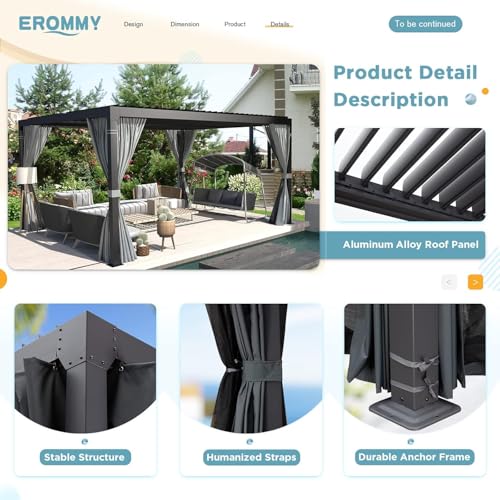 EROMMY Louvered Pergola 10x12, Outdoor Aluminum Pergola with Adjustable Rainproof Roof for Garden, Patio, Deck, Waterproof Curtains and Netting Included, Gray-Black image 20