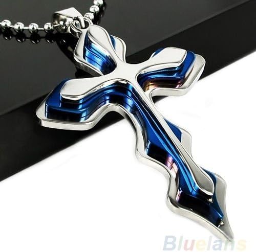Naomi Men's Silver Blue Stainless Steel Cross Pendant W/ Free Chain Necklace