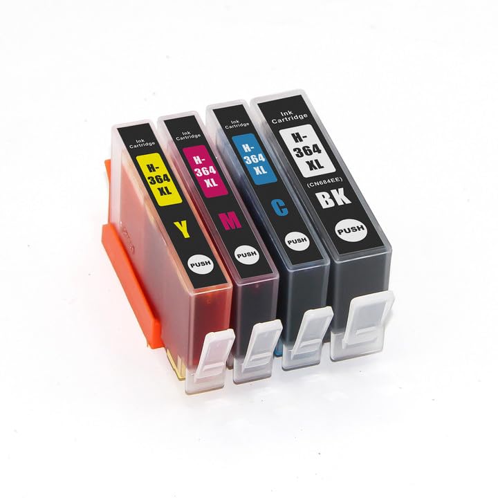 NOW INK LTD 4x CHIPPED COMPATIBLE INK CARTRIDGES THAT WORK ON HP 364XL, HP364 PRINTERS. LATEST 2014 CHIP AND SHOW INK LEVELS. DESKJET 3070a, 3520 OFFICEJET 4610, 4620, 4622 PHOTOSMART: C5370, C5373, C5380, C5383, C5388, C5390, C5393, C6300, C6324, C6340, C6350, C6380, C6383, D5445, D5460, D5463, D5468, D7560, B109, B110a, B111, B209, B210, B211, C309, C310, C410 5510e, 5515e, 5520, 5524, 6510, 6520, 7510, 7520 ALL IN ONE, PLUS OTHERS. 1X BLACK 24ml, 1X CYAN MAGENTA & YELLOW 15ml EACH