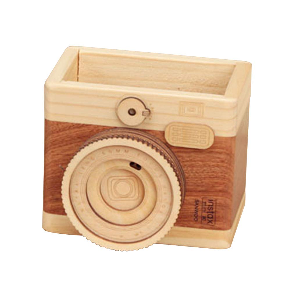 Sdkmah9 Pencil Holder,Camera Wooden Pencil Holder, Desktop Pencil Holder,Vintage Camera Decor Stationary Makeup Organizer Holder for Office Home 10 * 9 * 9cm