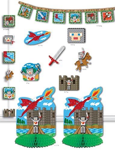 Mining Pixel Birthday Party Supply Decoration Pack (10 Pcs)- Banner, Hanging Piece, Centerpieces, &amp; Cutouts