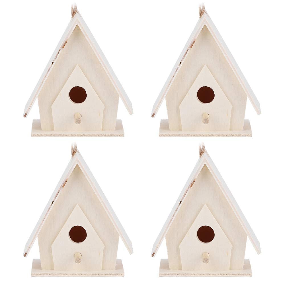 4Pcs Wood Bird House, DIY Hanging Bird Box Garden Birdhouse Decoration for Kids Painting Arts Activity Bird Box
