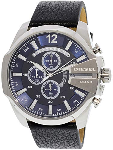 Diesel Men's Mega Chief Quartz Stainless Steel and Leather Chronograph Watch, Color: Silver-Tone, Black (Model: DZ4423)