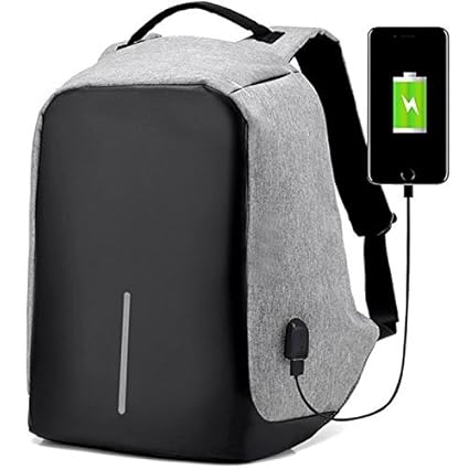 Rewy AB_5611 Anti-Theft Water Resistant Travel Backpack with USB Plug Charging Port Suitable for Laptop, Camera, Pen, Cloths, Bottles Use for College Bag, Office Bag, Travelling Bag (Grey)