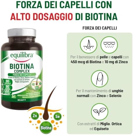 Biotina Altodosata 450 mcg, per Capelli e Unghie, con Zinco, Rame, Selenio, Estratti di Ortica, Miglio, Equiseto, Vegan, Senza Glutine, Privo di Lattosio, 90 Capsule