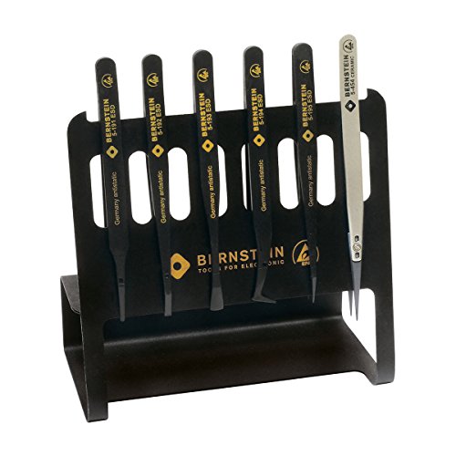 Bernstien 6-piece set ESD tweezers - 5 plastic tweezers, 1 steel tweezers with exchangeable ESD ceramic tips - arranged on ESD tool holder part No. 5-090-0