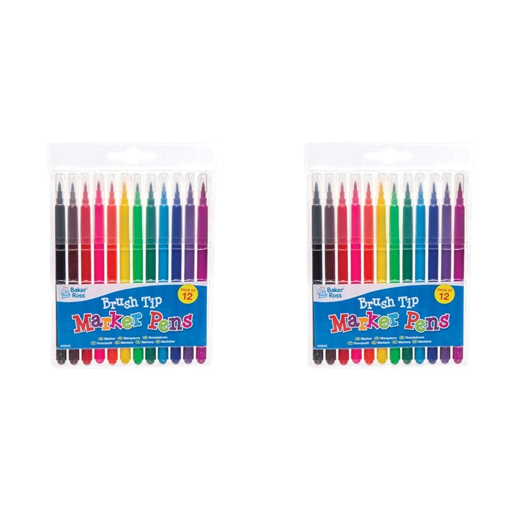 Baker Ross AW645 Brush Tip Marker Pen (Pack of 24) Assorted Colour Pens with Long Brush Fine Tips Perfect for Drawing, Colouring and Highlighting For Adults and For Kids