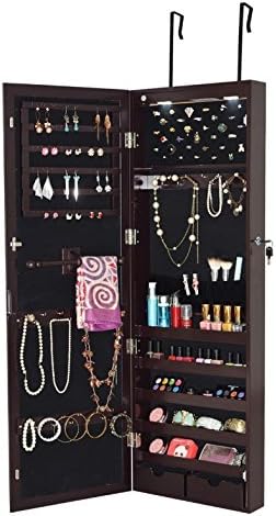 Jewelry Cabinet With Mirror LED Lighted - Hanging Wall Mount Armoire Bundle w Container Organizer