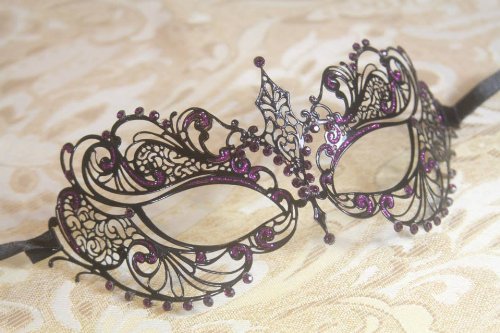 Black Extravagant with Purple Glitter Princess Venetian Masquerade Mask with Purple Diamonds