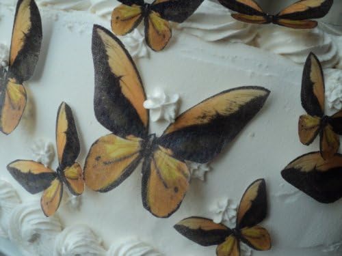 12 Edible Butterflies Yellow Gold &amp; Black Print Pre-cut 3 Different Sizes Edible Butterfly