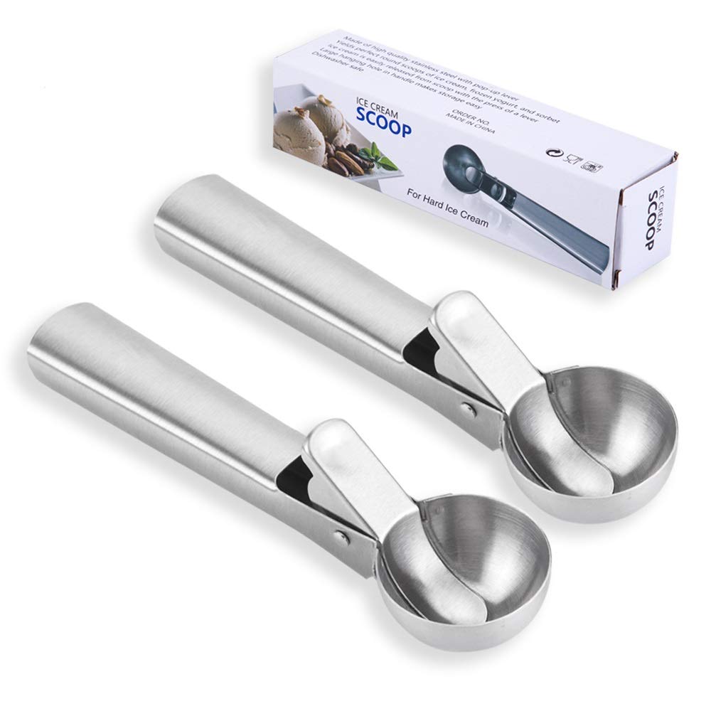 Latauar Stainless Steel Ice Cream Scoop - Cookie Scoop with Easy Trigger, Dipper for Fruits, Cookie Dough and Water Melon Spoon - 2 Pack