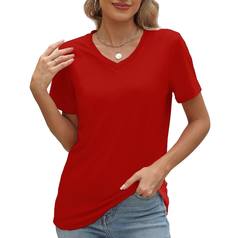 Photo 1 of 100% Cotton Red V Neck Short Sleeve T Shirts for Women, Plain T-Shirt?Basic Tees
