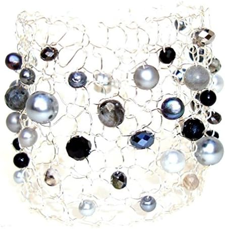 Labradorite Grey and Black Wide Silver Cuff Bracelet