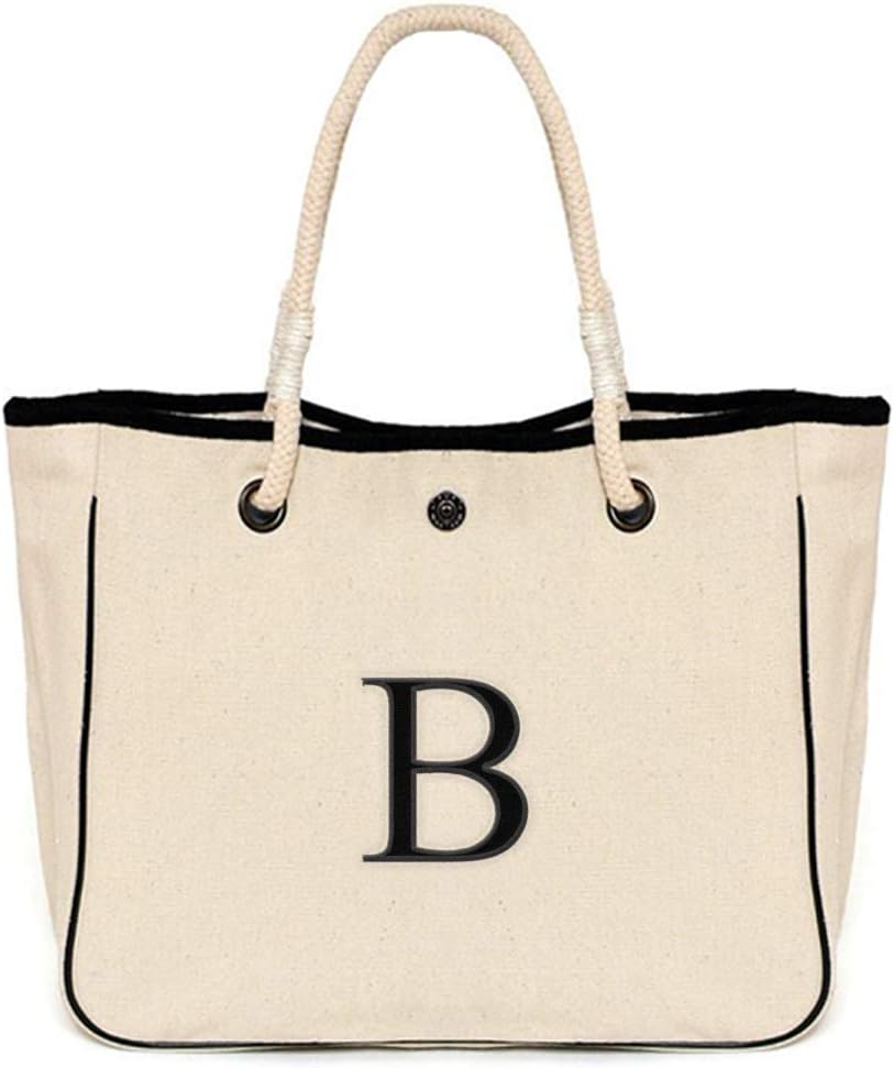 [ INITIAL - A to Z ] Monogram Name Canvas Tote Shoulder Bag