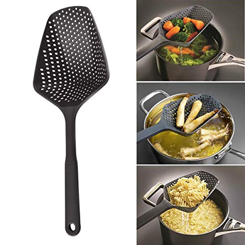 SKEMIX Kitchen Nylon Strainer Scoop Colander, Skimmer Spoon with Long Handle, Drain Shovel Strainers, Water Leaking Shovels Ice Shovel Colanders - Pack of 2 (Red and Black)) - Thumbnail 6