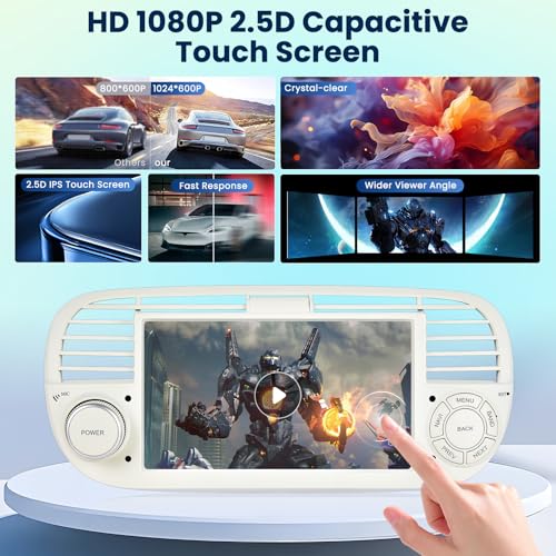 [6G+128G] Inefala Android 15 Car Radio for Fiat 500 2007-2015 with Wireless Carplay Android, 7 Inch Touchscreen Radio with GPS Navigation WiFi RDS/FM Bluetooth EQ SWC Rearview Camera Mic (White)