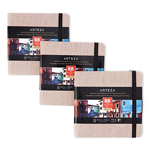Arteza Watercolor Sketchbooks, 5.5x5.5inch, 3Pack, 132 Sheets, Beige
