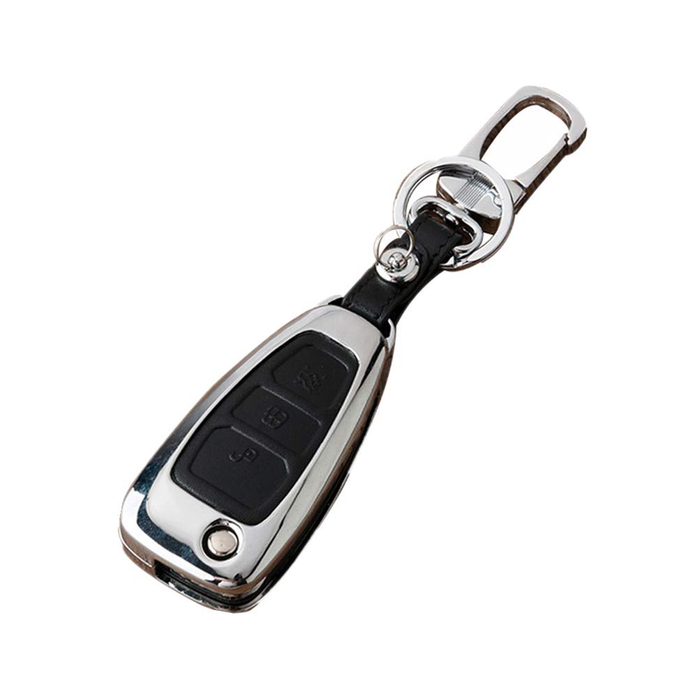 Happyit Zinc Alloy + Leather Car Key Cover Case for Ford Smart / Folding Focus Mondeo Edge Fiesta Kuga Mondeo MK4 Fiesta Fusion Escort Ecosport Car Key (B Black)