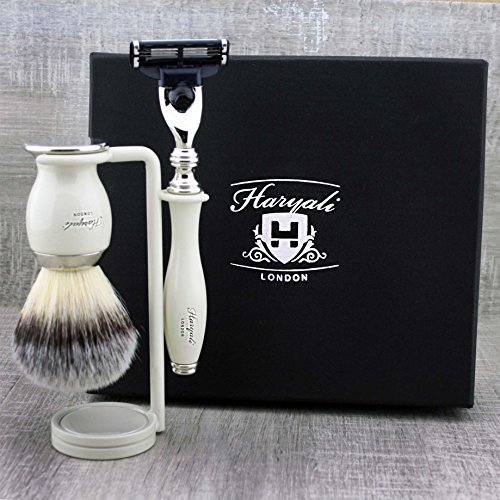 Haryali London Mens Shaving Kit 3 Edge Razor with Synthetic Badger Hair Shaving Brush and Stand Perfect Set for Men