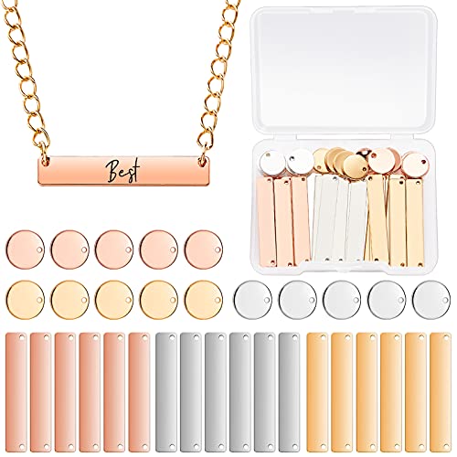Hicarer 30 Pcs Metal Stamping Blank Tag Pendants for Jewelry Engraving Includes 15 Rectangle Stamping Blank Bar Charms Brass Tag1.37 x 0.24, 15 Round Name Pendant 0.47