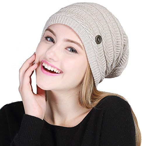 VEC Women's Pile Knitted Cap Hat Bonnet Winter Knit Crochet Ski Hat (Beige)