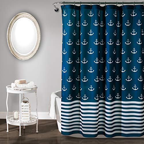 Lush Decor Shower Curtain, Beach-Themed Bathroom Accessories (Navy Blue, Anchor…