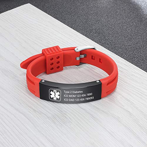 Free Engraving 9 Inch Silicone Adjustable Medical Bracelets Sport Emergency ID Bracelets for Men Women Kids Waterproof Rubber Alert Bracelets (Red-black)