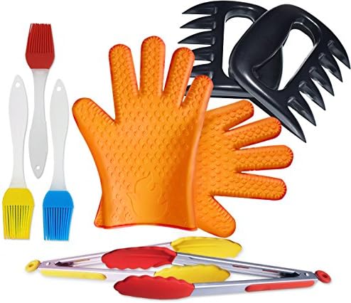 Qitu 9PCS BBQ Tool Kit-Heat Resistant Silicone BBQ Oven Gloves+Pulled Pork Shredder Claws +BBQ Oil Brushes and BBQ Kitchen Tongs-for BBQ Baking Cooking and More for Indoor &amp; Outdoor (Orange Gloves)
