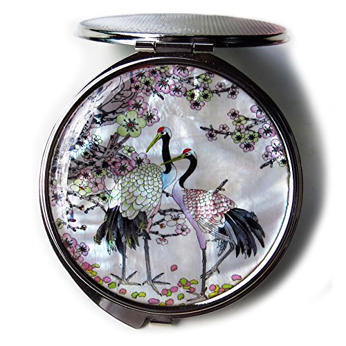 White-Mother-of-Pearl-Compact-Mirror-Metal-Round-Double-Sided-Folding-Magnify-Crane-Apricot-Tree-Design