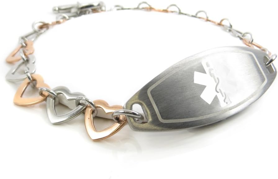 My Identity Doctor - Pre-Engraved & Customized Bee Sting Allergy Ladies Medical Bracelet, Steel & Rose Hearts, White