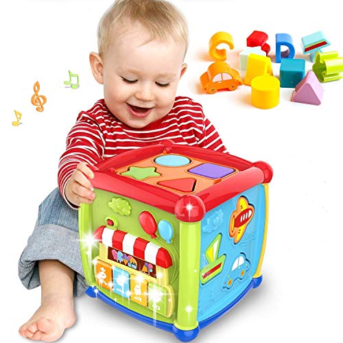 DIVUE Baby Activity Cube 6-in-1 Learning Toy Set, Includes ABCD Letters, Colorful Shape Sorter, Vehicle Puzzles, 4 Piano Keys and More for 1 to 2 Year Old Kids Toy Review India (Iknoor World )