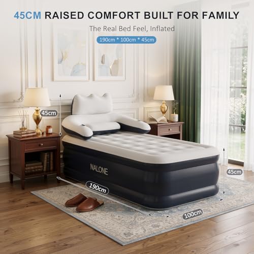 NALONE 1 Seater Inflatable Mattress with Integrated Pump, 190 x 100 x 45 cm | Self-inflating inflatable bed with built-in backrest, ideal for camping and home, comfortable for visitors and easy to store