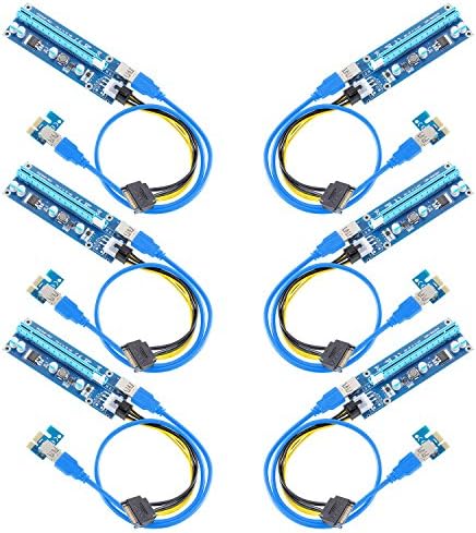 Junya PCI Express 16x to 1x Powered Riser Adapter Card w/60cm USB 3.0 Extension Cable and 6-Pin PCI-E to SATA Power Cable-GPU Riser Extender Cable-Ethereum Mining ETH (6-Pack)