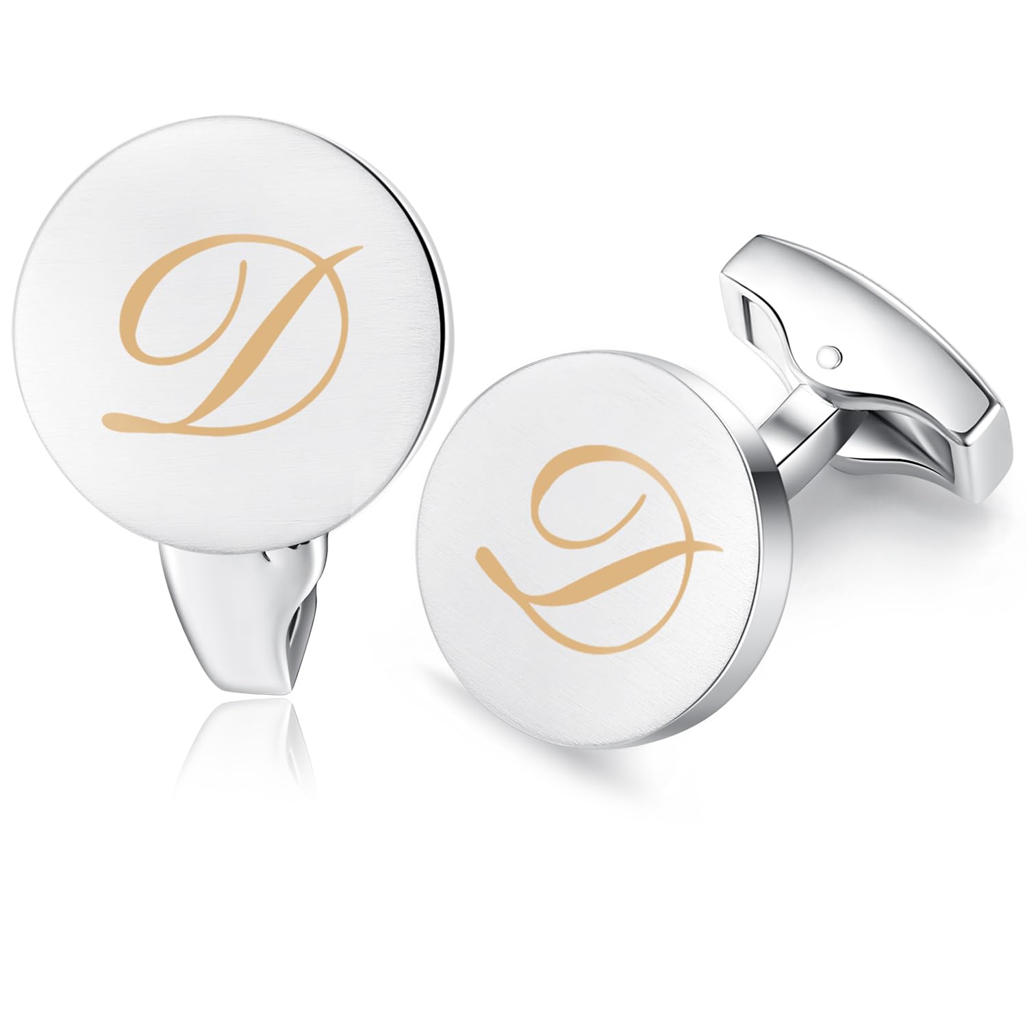 HONEY BEAR Initial Alphabet Letter Cufflinks for Men, Silver Round Shape Wedding Business Gifts A - Z (One pair D)