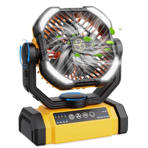 Rechargeable Fan Portable, 90°Oscillating Camping Fan Rechargeable, 270°Pivot Large Battery Powered Fans, 4Speed Cordless Fans with LED Lantern & Hanging Hook, Ventilador Recargable for Tent Travel