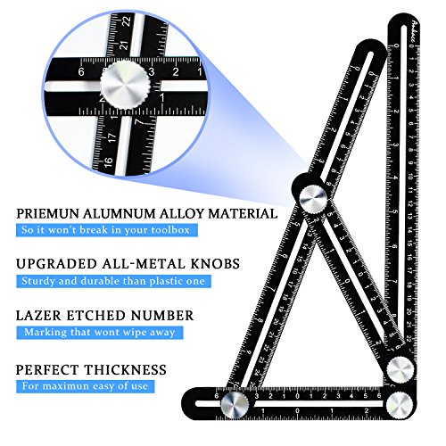 Wondruz Multi Angle Measuring Ruler, Premium Aluminum Alloy Ultimate 836 Template Tool/Layout Tool Measurement for Handymen, Builders, Craftsmen, DIY-ers (Black)