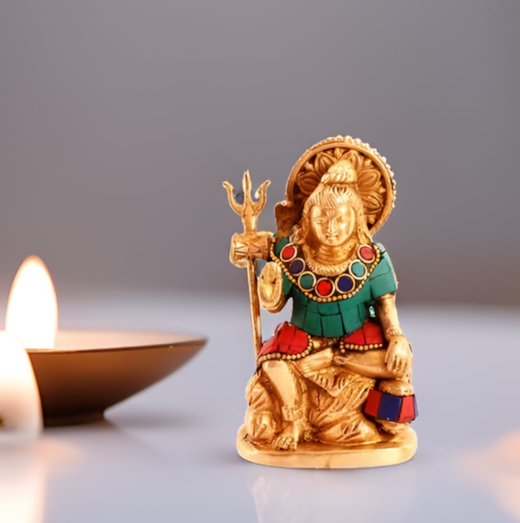 Purpledip Brass Statue Lord Shiva Mahadev With Trishool: Idol With Gemstones For Home Temple, Office Table Or Shop Puja Shelf | Hindu Religious Gift (11091)