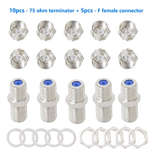 (10 pcs) Coaxial F Type 75 Ohm Terminator (5 pcs) 3Ghz F81 Female Coax Cable RG6 Connector Coupler Adapter Locking Nut Washer