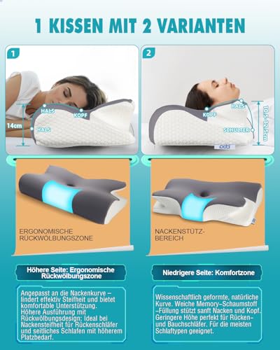 Neck Pillow Neck Pain Ergonomic Memory Foam Neck Support Pillow, Orthopaedic Pillow Against Neck Pain, Sleeping Pillow for Side Sleepers, Back and Stomach Sleepers 65 x 40 x 11/14 cm