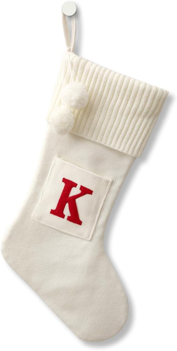 Stockings & Holders - CRSMHLPK 20 Inches Initial Christmas Stocking Monogram Christmas Stocking White with red Embroidered Letter Christmas Decorations 02-K-White