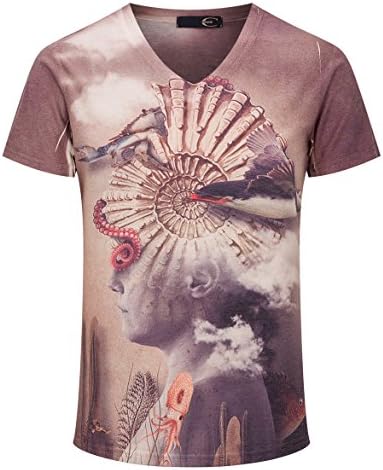 Cavlii Men's 3D Print New Fashion V Neck Cotton T Shirt Slim Fit Brown XL