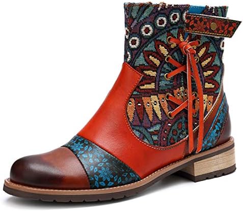 Seraph Women's Winter Warm Ankle Leather Boots Splicing Flat Block Heel Zip Booties Autumn Casual Shoes