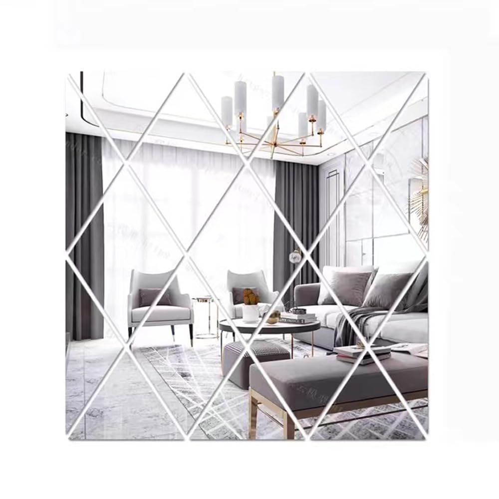 yufana 17 Pieces Wall Mirror Sticker, Diamond 3D Mirror Stickers, Acrylic Mirror in Triangle Shape, Suitable for Home and Bedroom Decoration, Silver, 50 x 50 cm