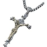 MayiaHey Cross Crucifix Pendant Necklace for Men, Catholic Jesus Christ Cross Necklace Stainless Steel Jesus Cross Religious Necklace
