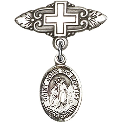 Sterling Silver Baby Badge with St. John the Baptist Charm and Badge Pin with Cross 1 X 3/4 inches