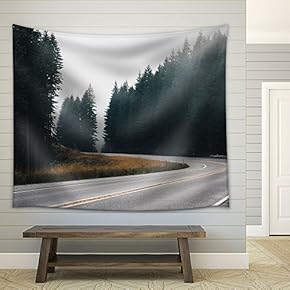 Tall Trees Along The Highway on a Foggy Day - Fabric Wall Tapestry Home Decor - 51x60 inches