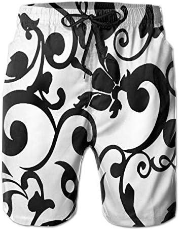 Vintage Black and White Floral Pattern Men's Beach Pants Summer Casual Swim Trunks with Pockets