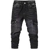 Nivne Tco Tween Boys Cargo Jeans Vintage Black Washed Slim Fit Zipper Fly Denim Pants with Multi-Pocket