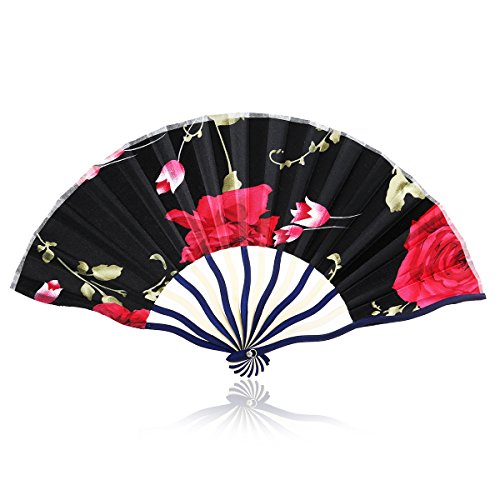 FENICAL Chinese Bamboo Folding Hand Fan Rose Flower Silk Fan for Party Favor - Thumbnail 6